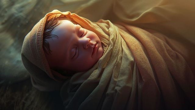 Peacefully sleeping infant wrapped in beige linen