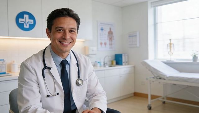 Smiling male physician sitting in clinic wearing white coat and stethoscope for healthcare