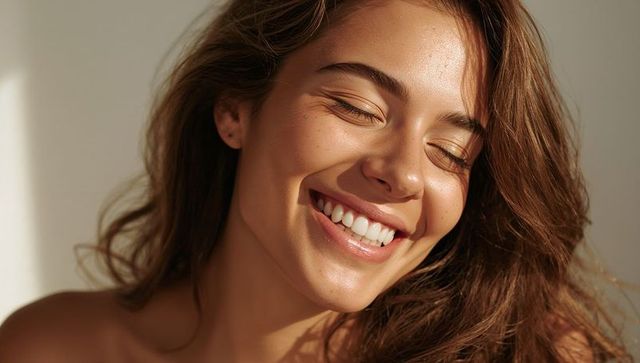 Sunlit young woman smiling with closed eyes, glowing skin closeup natural beauty portrait