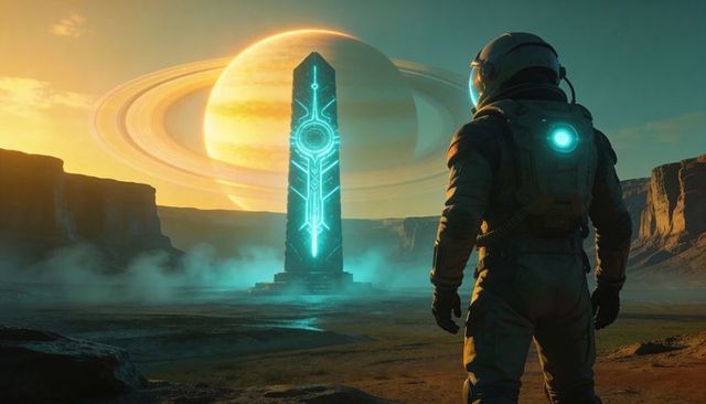 Astronaut standing before glowing obelisk on alien desert with ringed gas giant sky