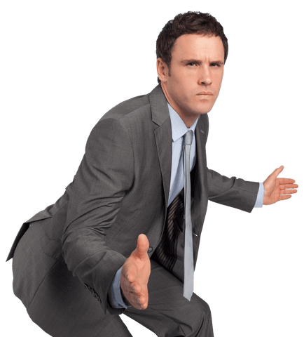 Transparent Businessman in Suit Gesturing with Both Hands