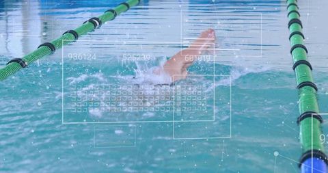 Male swimmer performing freestyle crawl with digital hud overlays in lap pool