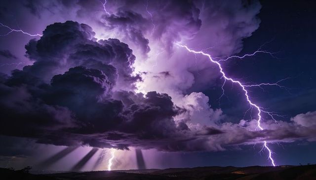 Violet lightning erupting from cumulonimbus cloud, illuminating rural hills and rain at night