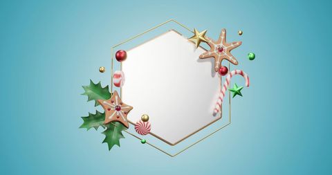 hexagon frame surrounded by festive christmas decorations such as candy canes, holly, gingerbread cookies, and ornaments on a blue background offers a playful spin for holiday projects. ideal for greeting cards, seasonal invitations, festive advertisements, and social media posts conveying holiday spirit and cheer.