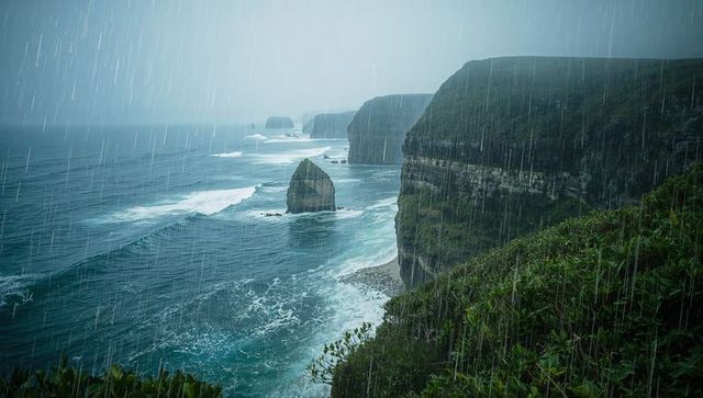 Dramatic stormy coastline with cliff and sea stacks