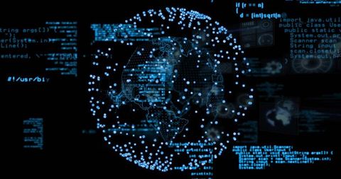 Rotating Holographic Globe Visualizing Data Nodes, Mesh Rings and Cyber Network Code