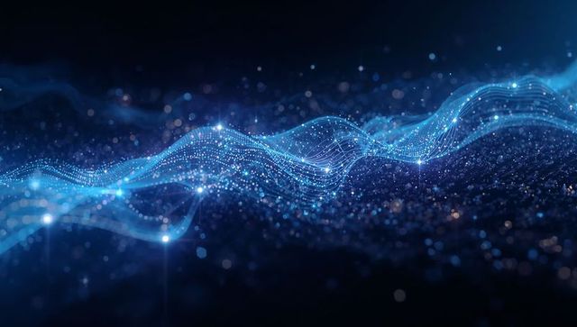 Undulating blue particle wave flow representing data stream and ai network visualization