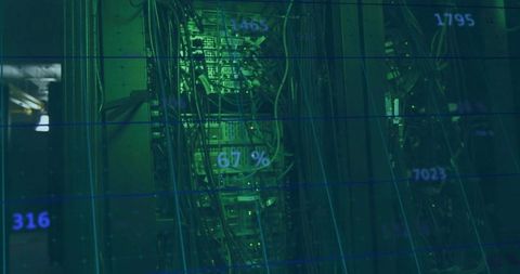 Futuristic Data Center Server Rack with HUD Overlay Monitoring Network Performance