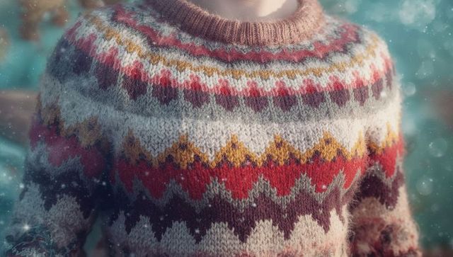 Cozy Winter Fashion: Woolen Fair Isle Sweater in Snowy Forest