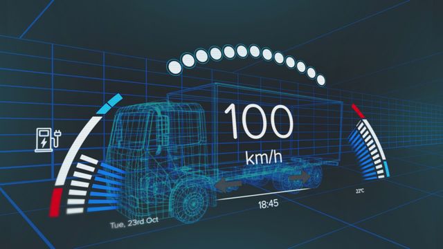 Provides a view of advanced transportation data with a digital interface displaying speed, battery levels, and weather information. Useful for tech-themed presentations, educational purposes related to transportation technology, and showcasing innovative user interfaces.