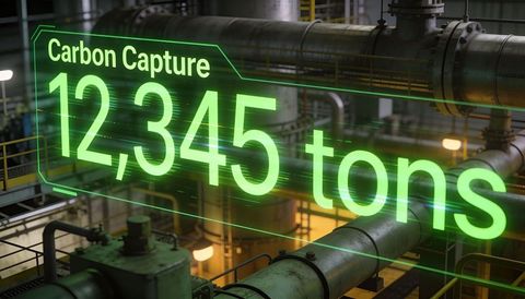 Displaying carbon capture 12,345 tons over industrial piping and processing plant interior
