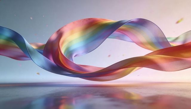 Twisting rainbow silk ribbon floating above reflective surface with soft pastel gradient
