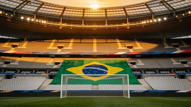 Brazilian flag draping stadium tiers behind white soccer goal at golden sunset