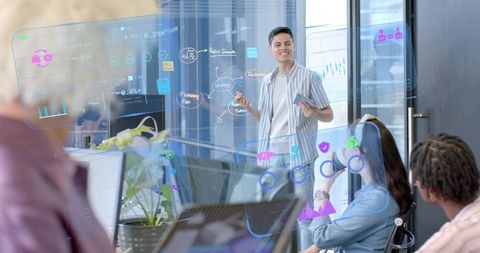 Young professional presenting digital analytics and growth strategy to team in modern office