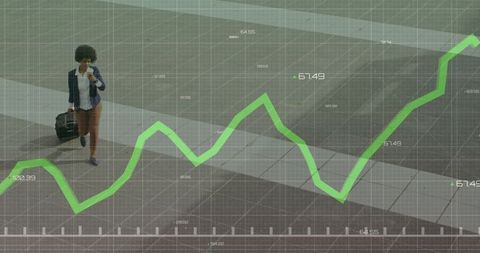 Businesswoman with Suitcase Walking Viewed Through Financial Analytics