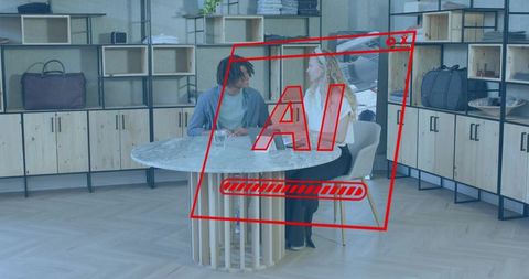 Retail team reviewing tablet with red AI HUD overlay in modern showroom collaboration