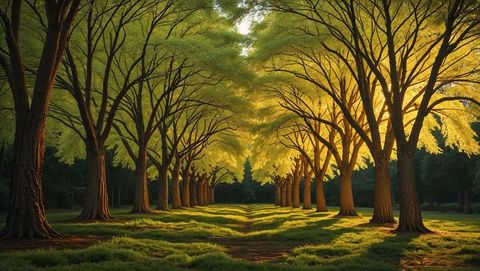 Sunlit symmetrical tree avenue in serene park setting
