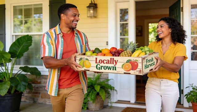 Smiling couple carrying locally grown fruit crate on sunny front porch