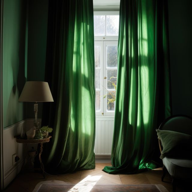 Green curtains hanging in room with window, created using generative ai technology. Interior design, home decor and fabric concept digitally generated image.