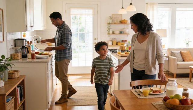 Family enjoying relaxed breakfast routine in sunlit modern kitchen parents preparing meal with child