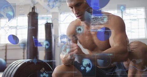 Shirtless male athlete chalking hands preparing barbell lift with futuristic hud overlays