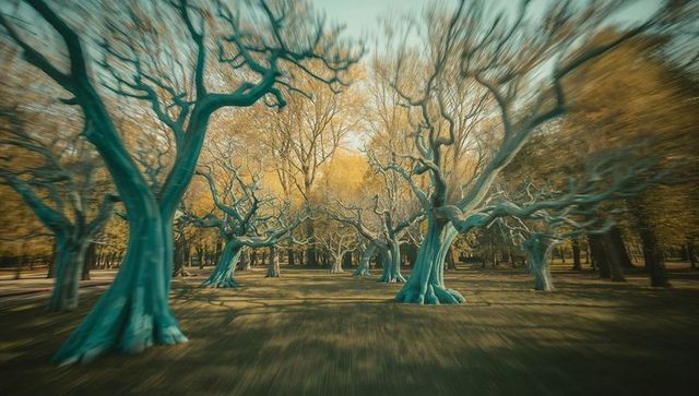 Surrealistic turquoise trees in scenic autumn grove