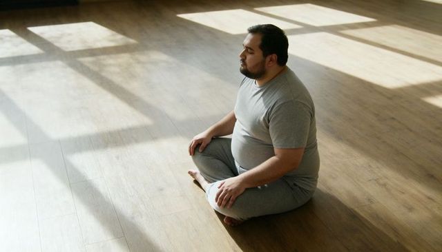 Seated man meditating cross-legged in grey loungewear on sunlit wooden floor