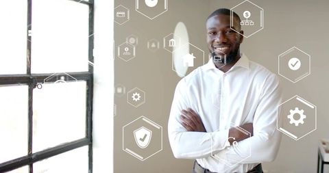 Confident Businessman with Futuristic Financial Graphics