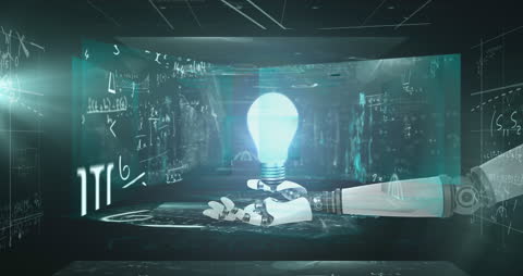 AI Robot Hand Holding Glowing Light Bulb Representing Innovation