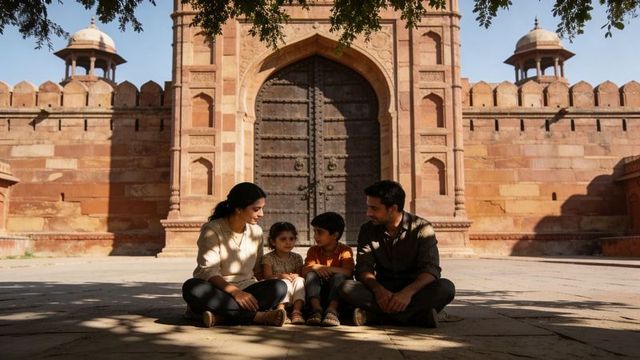 Family sitting and chatting on sandstone courtyard in front of ornate arched gateway
