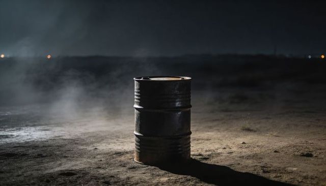 Lonely Rusty Barrel Emitting Thin Smoke on Desert Dirt Under Dramatic Night Spotlight