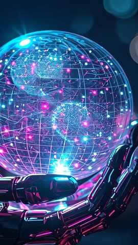 Rotating holographic globe glowing with neon energy held by futuristic robotic hand