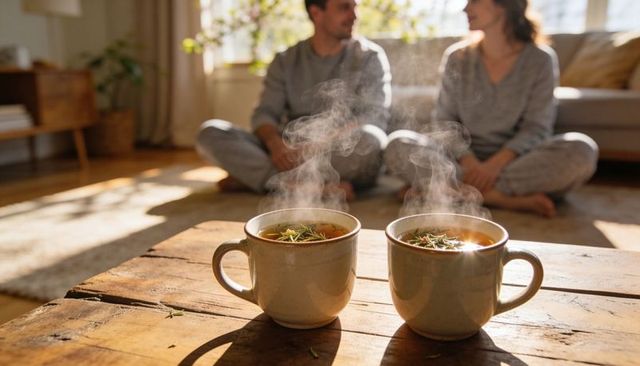 Steaming herbal tea mugs on rustic table with cozy couple chatting in sunlit living room