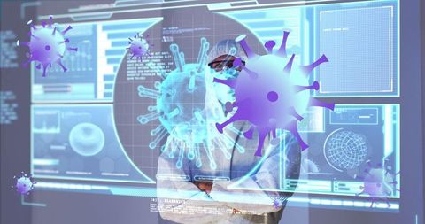 Doctor in ppe analyzing covid-19 data on futuristic display