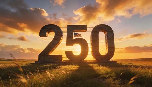 Giant weathered 250 monument on prairie at golden hour with american flag