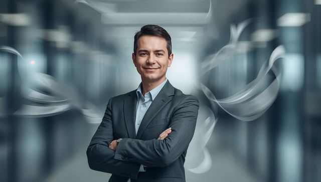 Confident Business Executive Standing with Arms Crossed in Sleek Corporate Corridor