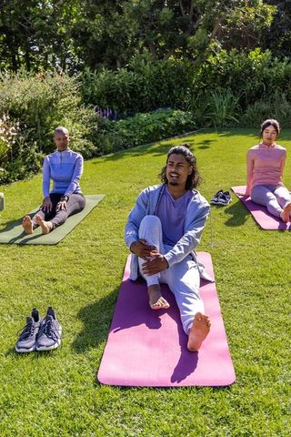 African american friends stretching on sloped lawn practicing outdoor yoga and fitness
