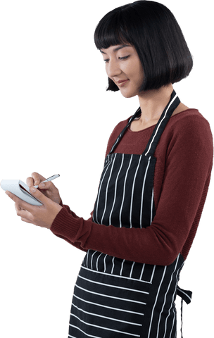 smiling waitress writing down order in striped apron on transparent background - Download Free Stock Videos Pikwizard.com