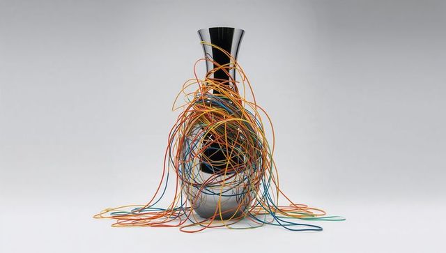 Polished metal vase wearing tangled multicolor cables on minimal white surface