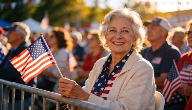 Senior woman smiling and waving american flag at outdoor fourth of july celebration