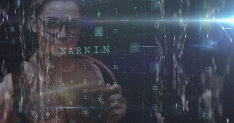 Cyber threats concept with female photographer and digital data visuals