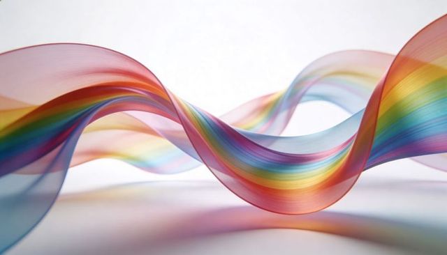 Flowing translucent rainbow ribbon creating layered color overlaps and soft shadows
