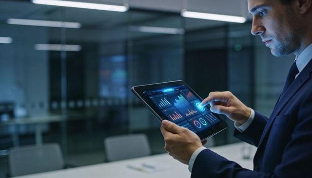 Executive reviewing interactive analytics dashboard on tablet in modern conference room