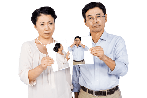 Asian Couple Holding Torn Photo Expression Transparent Background