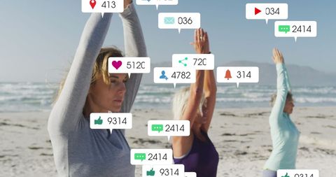 Women Enjoying Yoga on Beach with Social Media Overlays