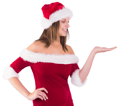 Transparent Woman in Santa Hat Presenting with Raised Hand