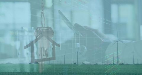 Connecting real estate and renewable energy with house key, wind turbines and market charts