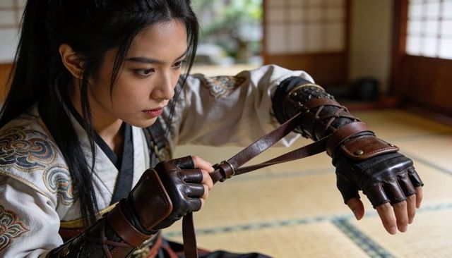 Asian warrior tightening leather gauntlets on tatami in embroidered robe