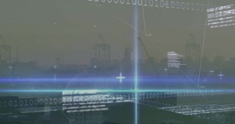 Augmented reality port surveillance overlay projecting across industrial harbor cranes, data streams
