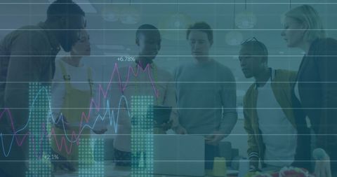 Diverse Team Discussions with Financial Data Overlay in Office Setting